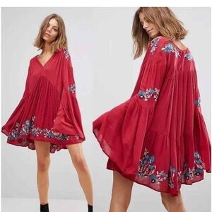 Free People Red Floral Embroidered Bell-sleeve Dress XS
